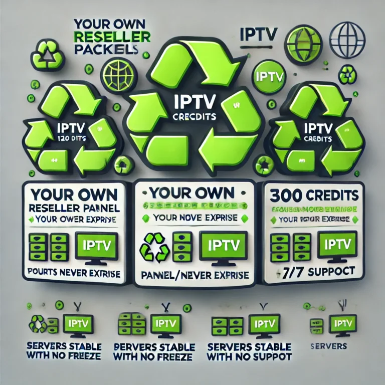 DALL·E 2024-10-10 20.56.40 - A modern graphic design showcasing reseller packages for an IPTV service with a recycling theme. The image should feature three distinct boxes represe